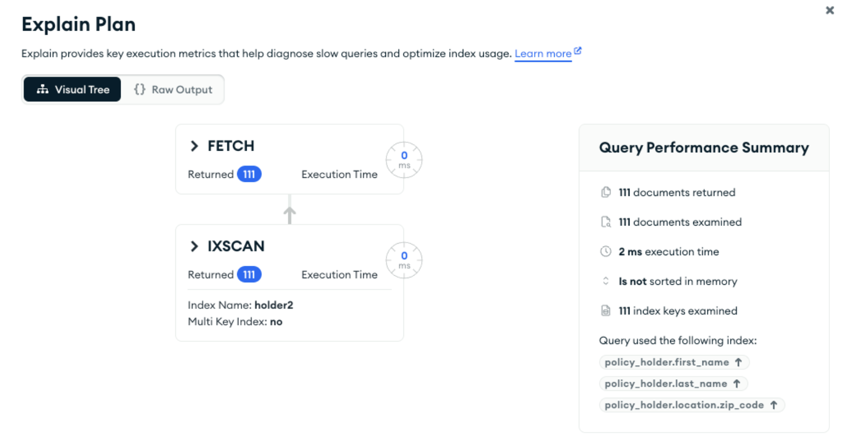 Explain showing that the compound index was used. Documents examined == documents returned == 111.